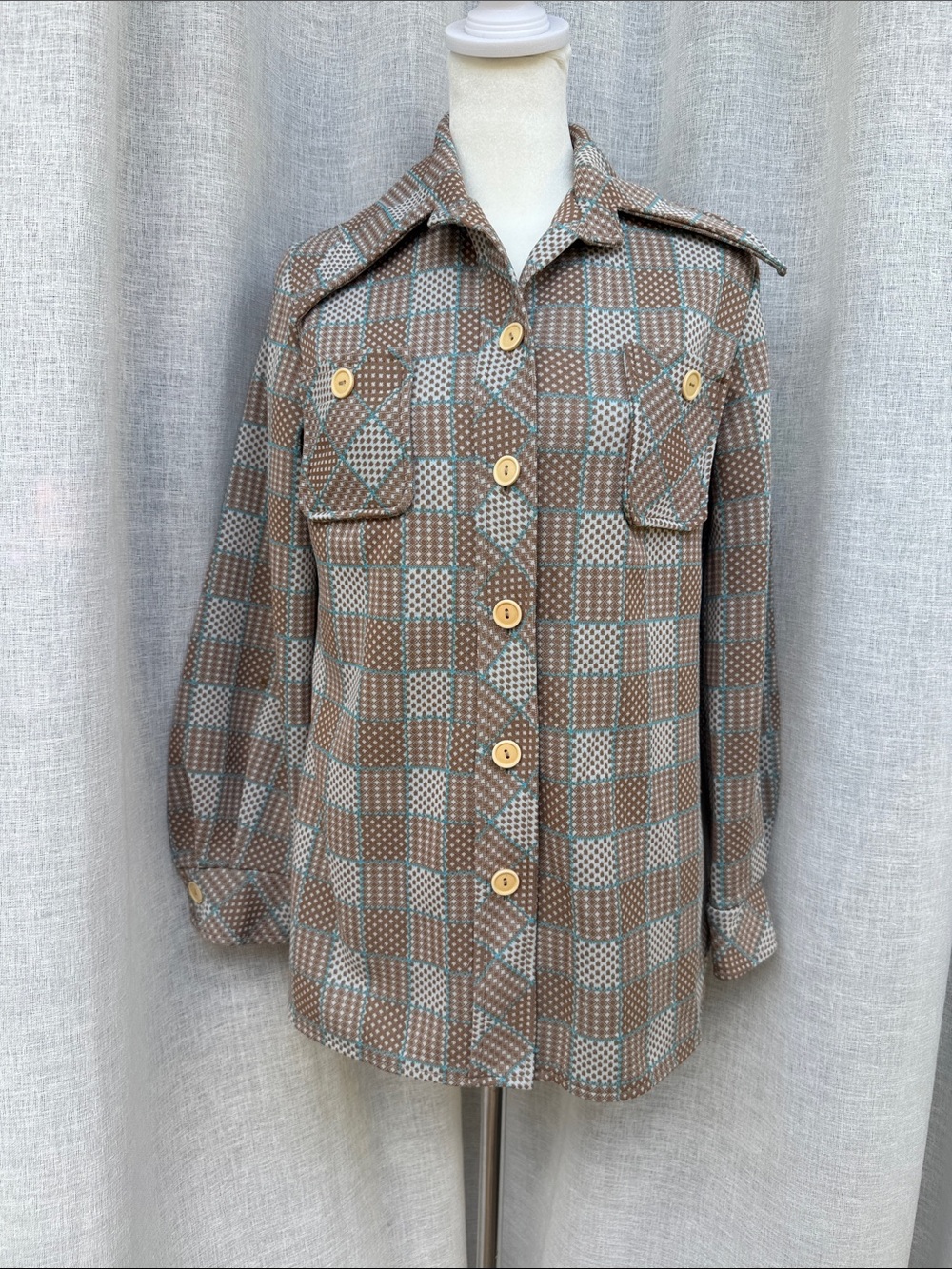 Americana 1960 brown teal button down shirt pointed collar patch pockets